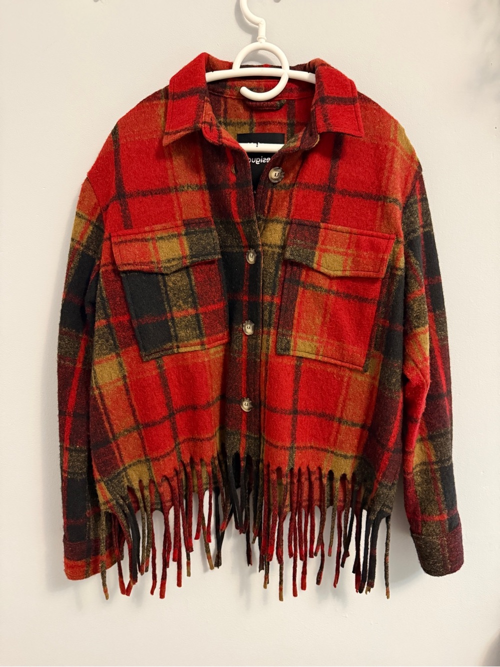 Desigual Red Plaid Fringe Trench Shacket